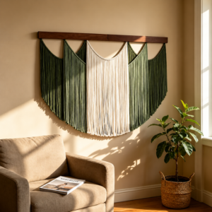 Large Boho Macrame Wall Hanging 120x85 cm – Handmade Cotton Fringe Decor